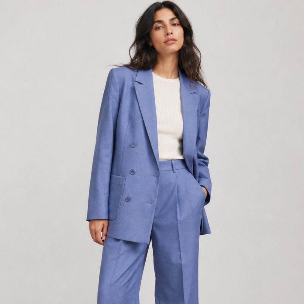 Sezane Michele Double Breasted Blazer Womens FR 40 L Storm Blue Jacket